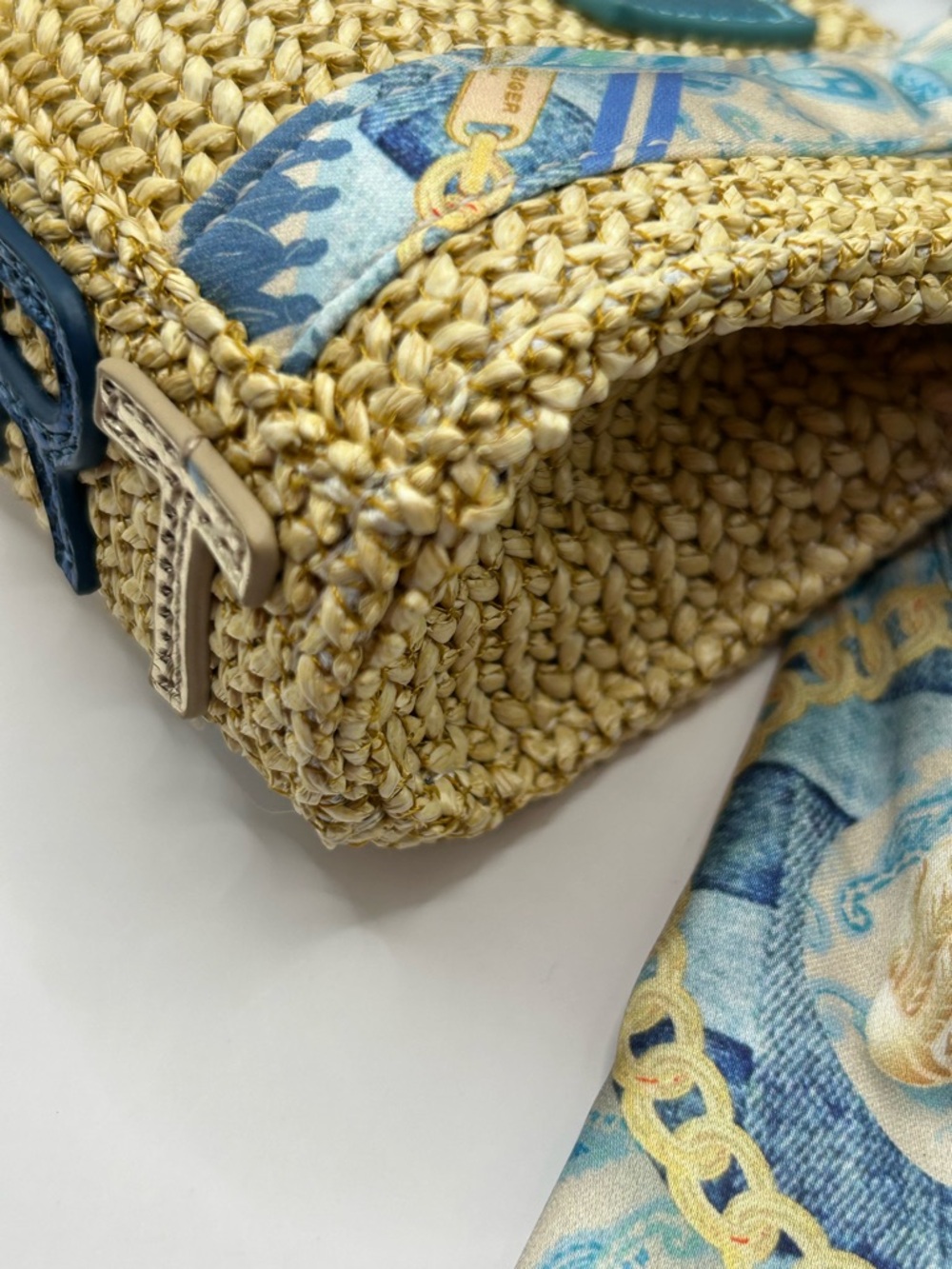 Kurt Geiger Straw Mini Bag with Blue & Cream Scarf Accents - Picture 9 of 10
